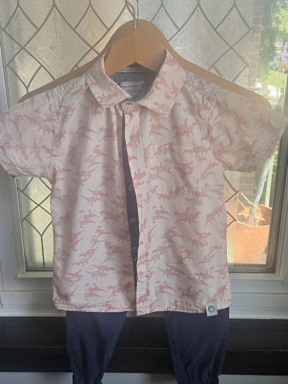 Free Planet Boys Short Sleeve Dino Print Button-Up with Navy Joggers